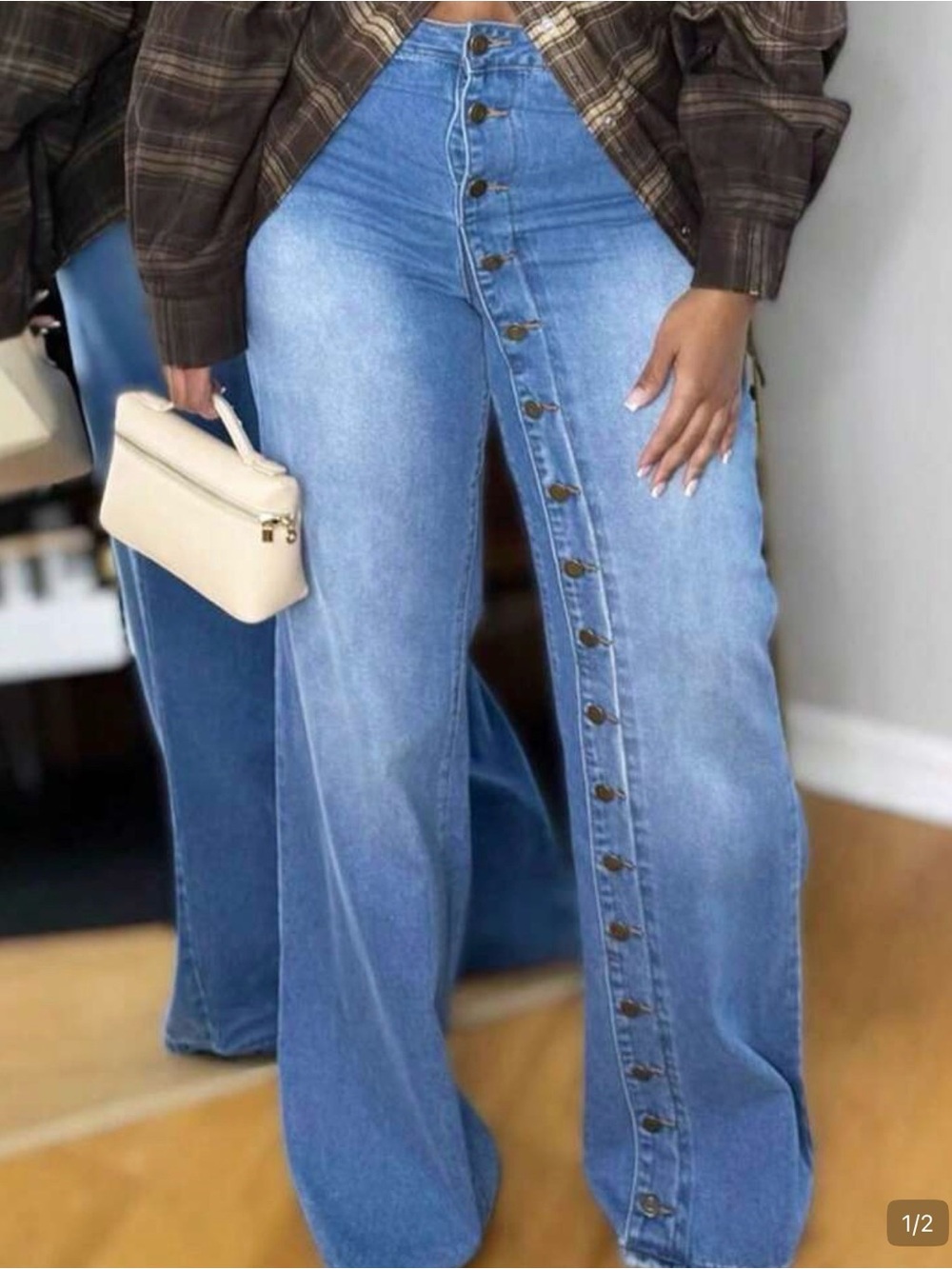 Button-Front High-Rise Wide Leg Jeans - Light Blue